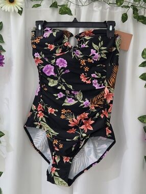 Shade & Shore Black Orange Floral Print Swimwear Size Meduim NEW